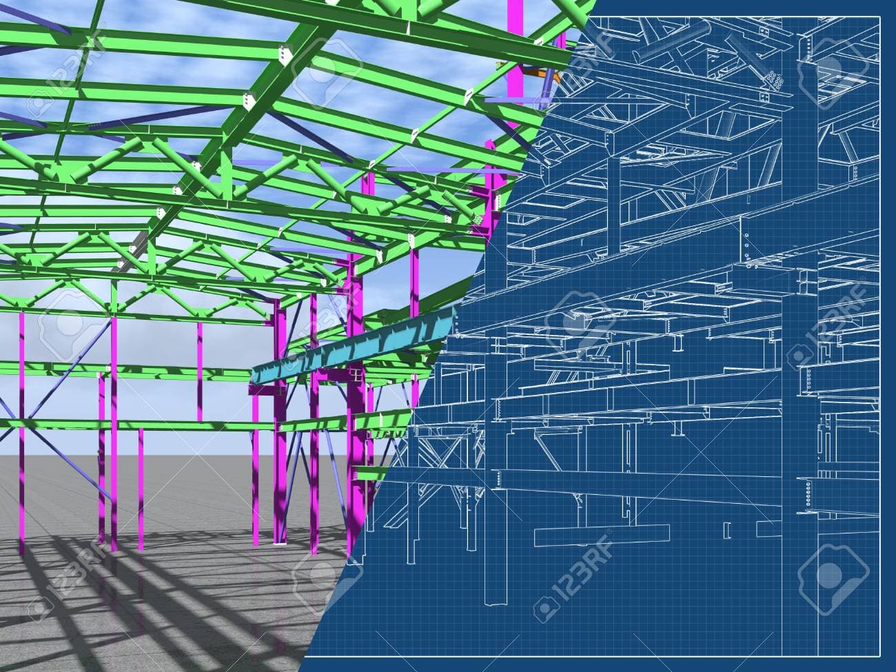 3D building information model displayed on architectural blueprint