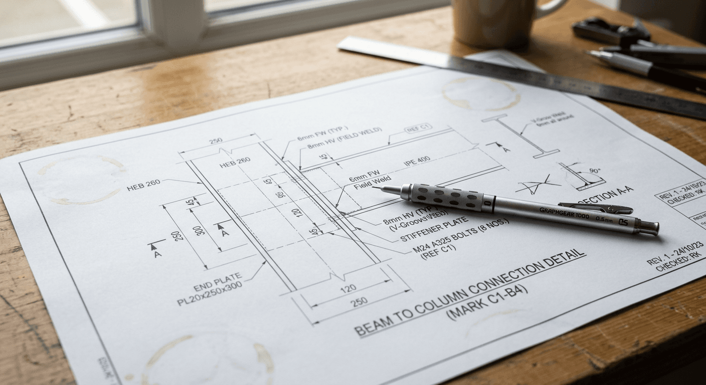 Detailed structural steel shop drawing with dimensions and annotations