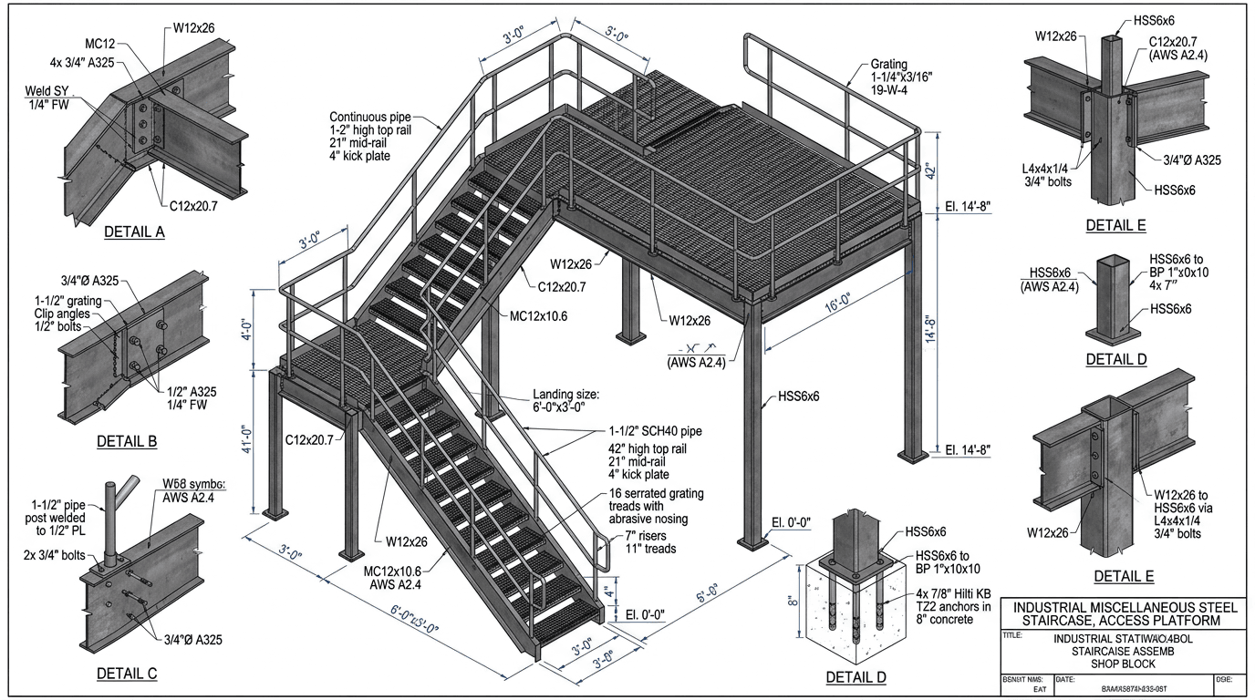 Miscellaneous steel detailing work showing stair and handrail details
