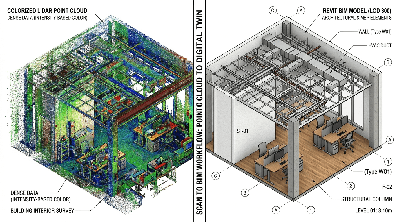 Scan to BIM workflow, showing a colorized LiDAR point cloud of a building interior